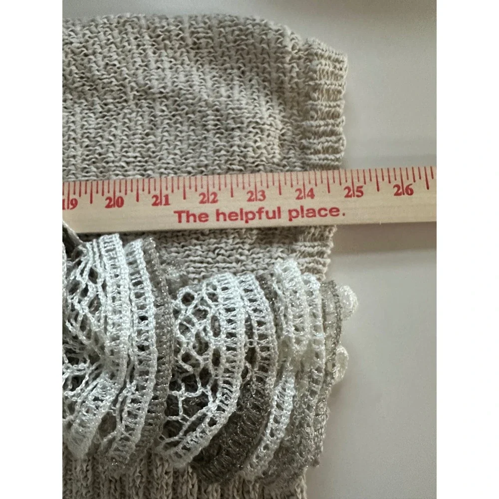 Chicos‎ Open Front Knit Cardigan Sweater Sz 0, Small Ruffle Scarf Neutral Cotton